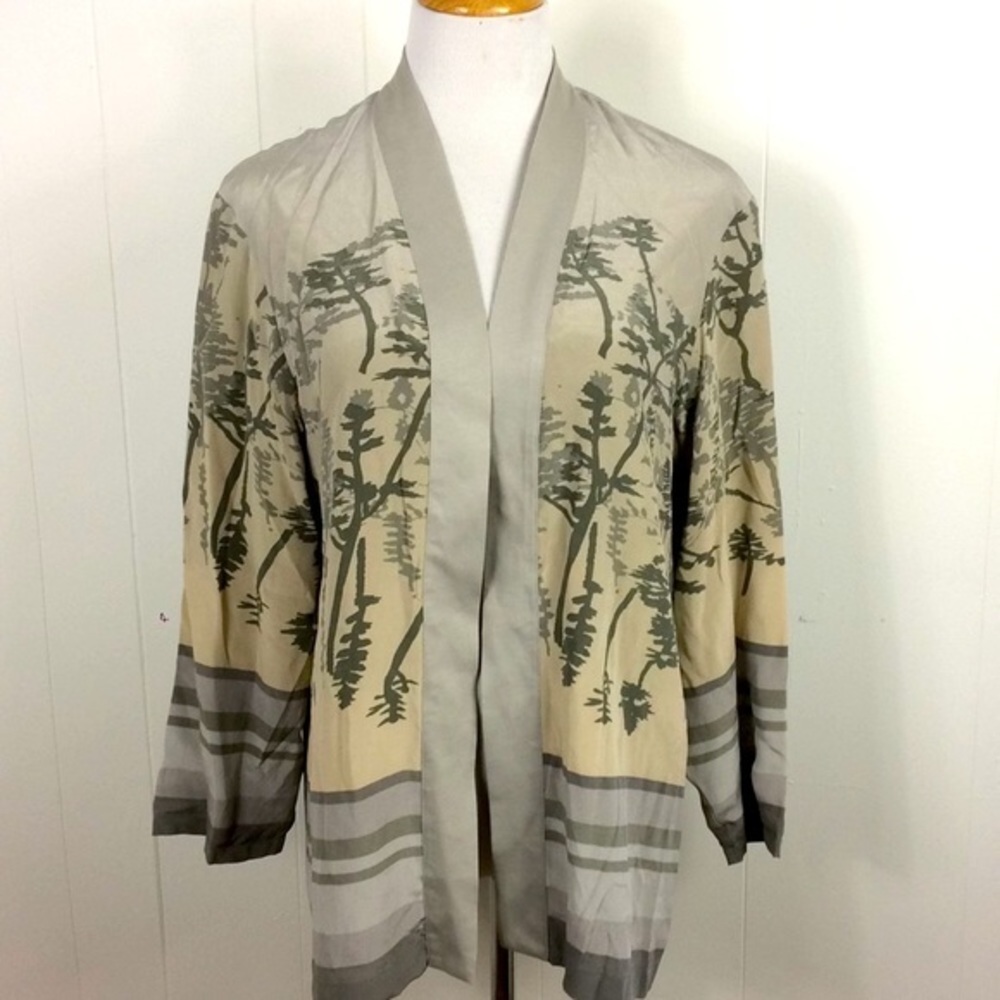 Silk Open Front‎ Lined Jacket Women's Medium Gray Asian Vintage Coldwater Creek